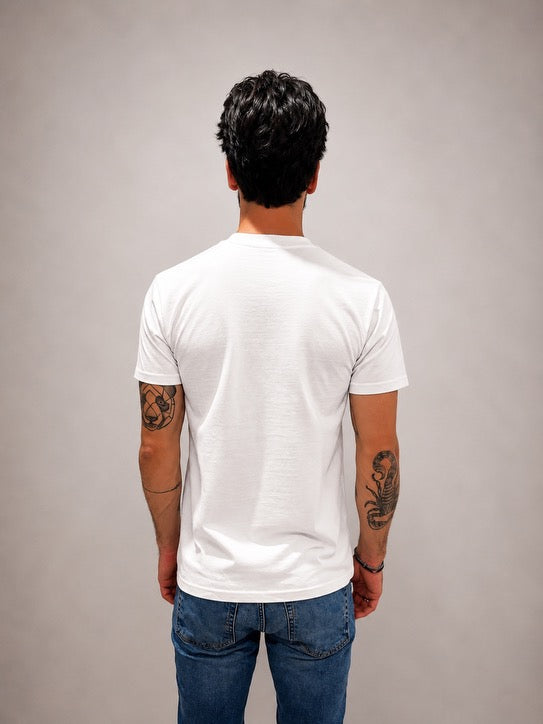 Back view of White hand-beaded JESUS t-shirt