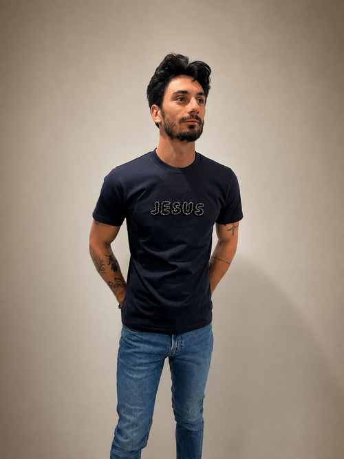 Man wearing Navy Blue hand-beaded JESUS t-shirt, Christian and Orthodox tee, front view