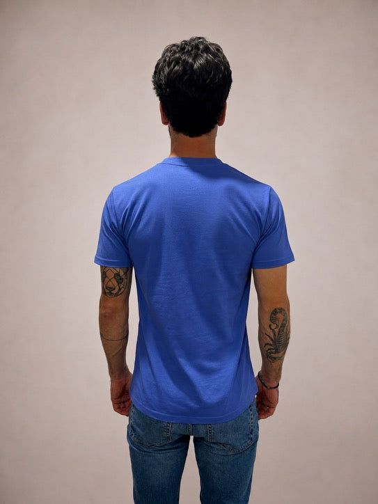 Back view of Greek Blue hand-beaded JESUS t-shirt