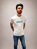 Man wearing White hand-beaded JESUS t-shirt, Christian and Orthodox tee, front view
