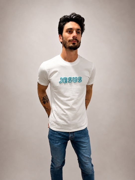 Man wearing White hand-beaded JESUS t-shirt, Christian and Orthodox tee, front view