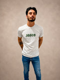 Man wearing Light Grey hand-beaded JESUS t-shirt, Christian and Orthodox tee, front view