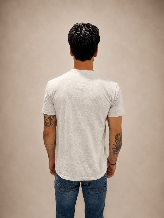 Back view of Light Grey hand-beaded JESUS t-shirt