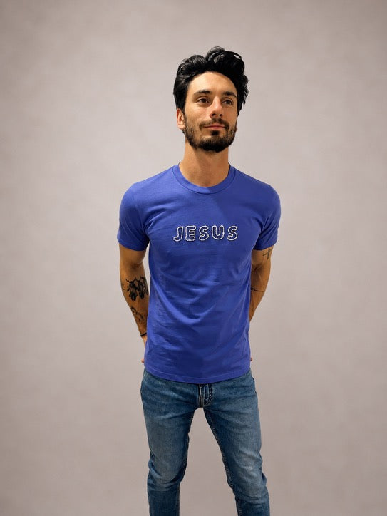 Man wearing Greek Blue hand-beaded JESUS t-shirt, Christian and Orthodox tee, front view