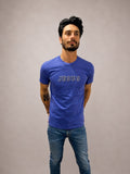 Man wearing Greek Blue hand-beaded JESUS t-shirt, Christian and Orthodox tee, front view